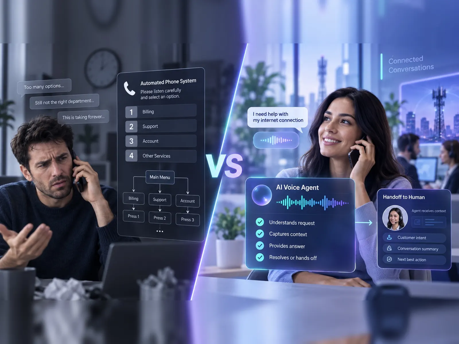 Left: a frustrated caller stuck in an IVR menu. Right: a caller talking naturally to an AI voice agent that understands the request and hands off to a human with context.